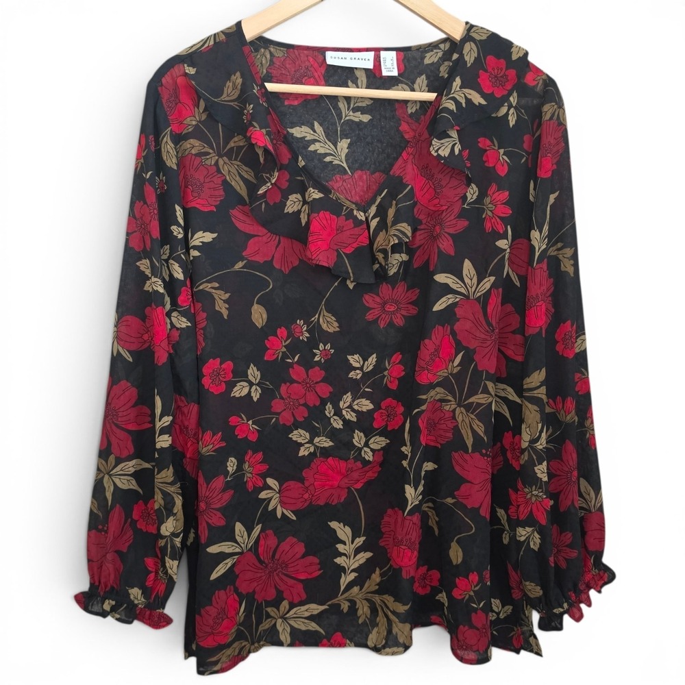 Susan Graver Top Womens Large Red Black Floral Print Sheer Blouse Ruffle Casual